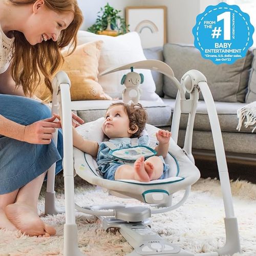 Ingenuity ConvertMe 2-in-1 Compact Portable Automatic Baby Swing & Infant Seat, Battery-Powered Vibrations, Nature Sounds, 0-9 Months 6-20 lbs- Nash