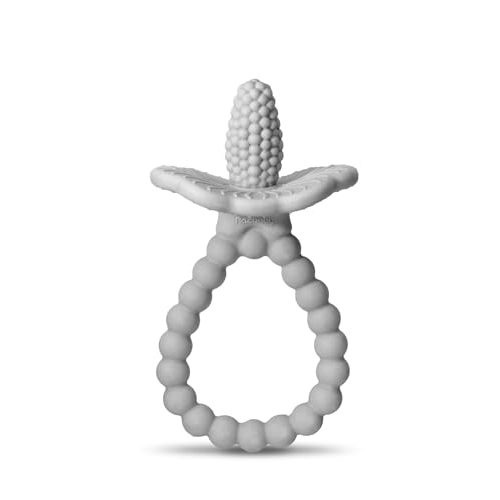 RaZbaby Silicone Baby Teether, BerryBumps Textured Silicone Soothes Babies’ Sore Gums, Infant Front and Back Teething Relief Toy, BPA Free, Easy-to-Hold, RaZberry Plus Fruit Shape, 3M+ – Grey