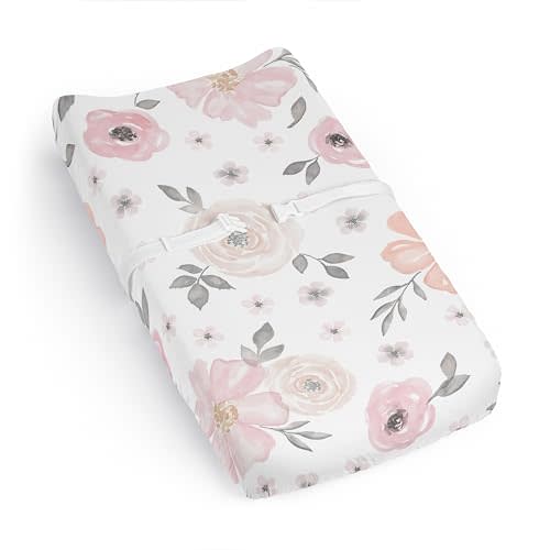 Sweet Jojo Designs Baby Changing Pad Cover Sheet (Pink/Grey Boho Floral) for Girls, Infant/Newborn Diaper Table Change Mat Covers (Blush, Rose, Gray, Flower, Bohemian, Farmhouse, Wildflower, Elegant)