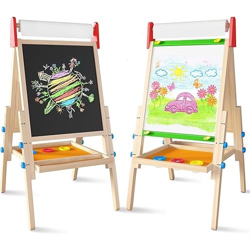 Tiny Land Easel for Kids with 2 Drawing Paper Roll, Learning-Toy for 3,4,5,6,7,8 Years Old Boy & Girls, Wooden Chalkboard & Magnetic Whiteboard & Painting Paper Stand, Gift & Art Supplies for Toddler