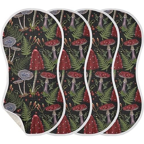 Muslin Burp Cloths for Baby Boys and Girls - 4-Pack Ultra Absorbent Mushrooms Gothic Style Muslin Washcloths, Newborn Towel, Milk Spit Up Rags, Burp Cloth Bib for Unisex, 22 x 11 Inch