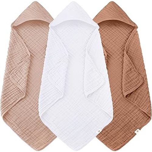Sunny zzzZZ Muslin Hooded Baby Bath Towels - 3 Pack 100% Cotton Soft Low-Saturation Pastel Towels Including Classic White for Newborns, Infants, Toddlers - 32x32 Inch - Light Bean Paste and White