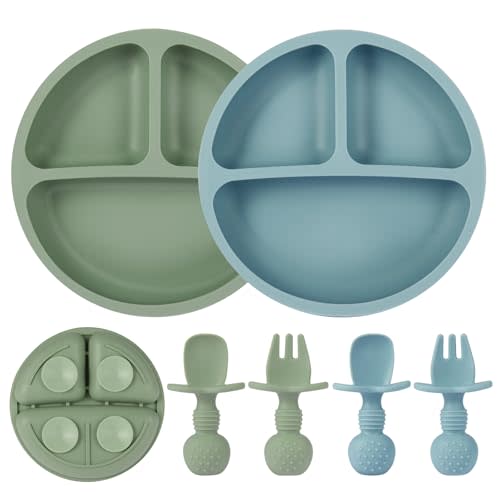 Eascrozn 2 Pack Baby Plates with Suction, 2 Pack Silicone Forks and Spoons Set, Baby Led Weaning Supplies, BPA Free, Toddler Utensils for Feeding Essentials