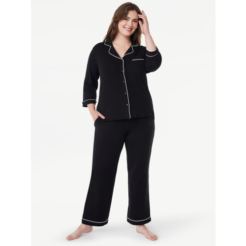 Joyspun Women’s Cotton Blend Notch Collar Top and Pants Pajama Set, 2-Piece, Sizes S-4X
