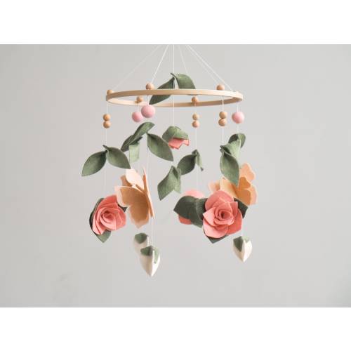 Floral baby mobile crib, Butterfly nursery mobile, Flower felt mobile, Baby mobile girl, Flower green nursery decor, Baby shower gift