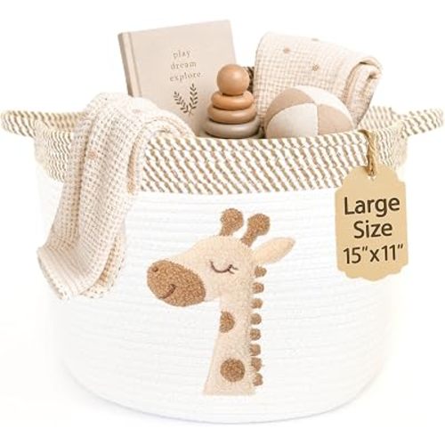 Giraffe Storage Basket for Nursery – Large 15”x11” Cotton Rope Bin with Soft Felt Animal Patch – Toy Organizer, Baby Laundry Hamper, Diaper & Towel Holder – Foldable, Washable & Baby-Safe