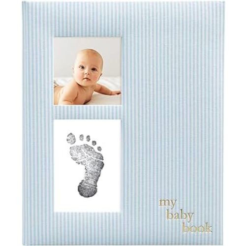 Pearhead Seersucker Baby Book, Baby Journal for Baby Boy, Baby Photo Album, Blue