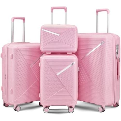 Luggage 4 Piece Sets, Expandable Carry On Luggage Set Hardshell PP, Suitcase Set with Double Spinner Wheels, Checked Durable Lightweight with TSA Lock, 14in 20in 24in 28in-Pink(B)