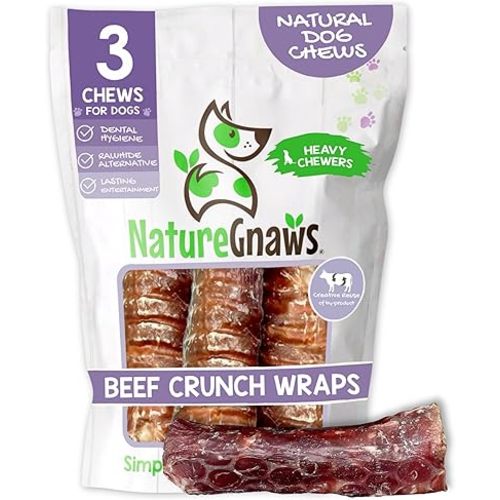 Nature Gnaws Beef Trachea Crunch Wraps for Dogs (3 Count) - Long Lasting Natural Beef Jerky Dog Chew Bones - Rawhide Free
