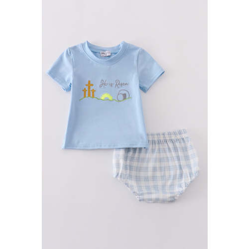Blue plaid he is risen embroidery bloomer set