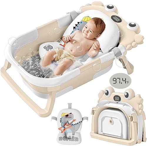 Collapsible Baby Bathtub for Newborn with Soft Floating Cushion & Thermometer Perfect Portable Travel Baby Bath Tub for 0-36 Month Infants to Toddler Boy (Beige)