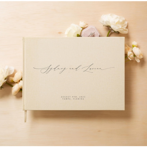MUUJEE Personalized book in Cream - Premium Custom Modern Guest Book for Wedding Reception, Birthday Party or Events w/Bookmark Blank Pages for Signing, Extra Large 11.5 x 8.5 inches