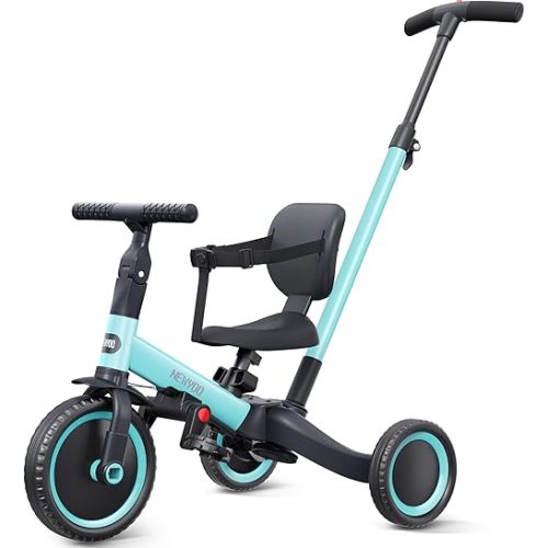 newyoo Toddler Tricycle with Push Handle for 1-3 Year Old, Toddler Bike, Birthday Toy for Boys & Girls, 5 in 1 Kids Trike, Balance Bike with Backrest & Safety Belt, Green, TR007