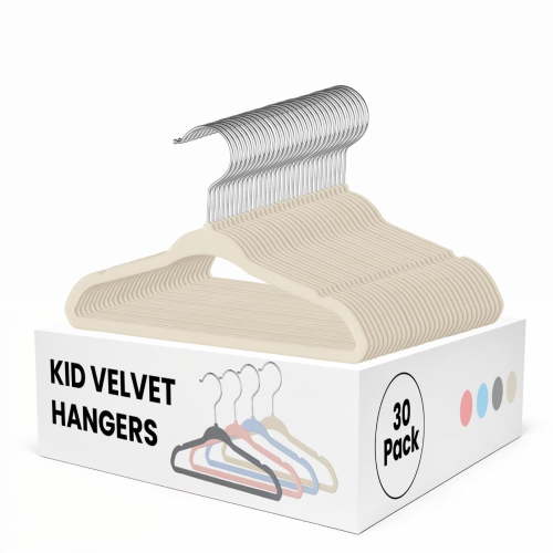 Simple Deluxe 30 Pack Kids Velvet Hangers, Non-Slip Space Saving Baby Hanger for Infant & Toddler Clothes, 11 Inch Lightweight Durable Children Hangers for Closet, Beige White