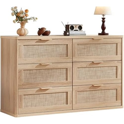 LEYAOYAO Rattan 6 Drawer Dresser for Bedroom, Boho 48" Wide Natural Wood Dresser Chest of Drawers, Dressers TV Stand with Metal Handle, Storage Dressers Closet Organizer for Living Room, Hallway
