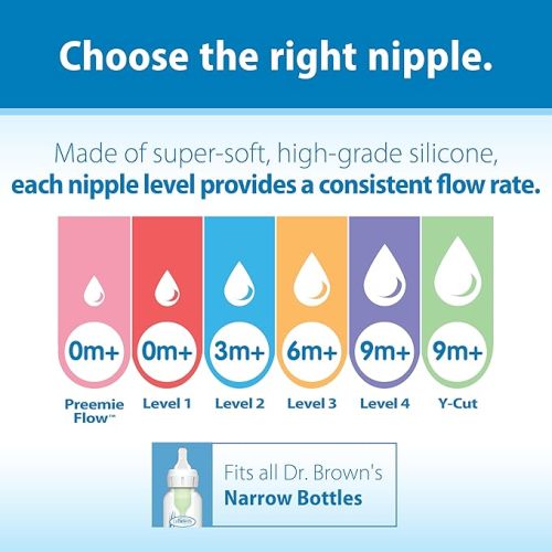 Dr. Brown's Natural Flow Level 3 Narrow Baby Bottle Nipple, Medium-Fast Flow, 6m+, 100% Silicone, 6 Count