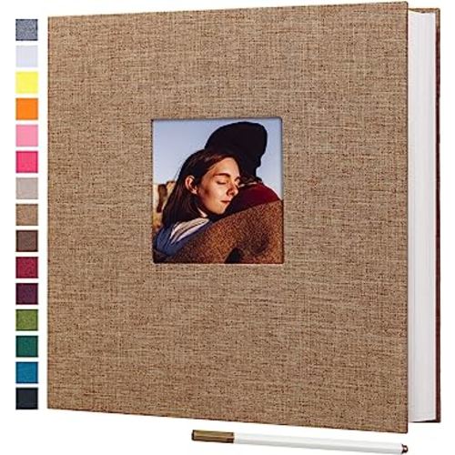 potricher 11x10.6 Inch Self Adhesive Photo Album Linen Cover 80 Pages Sticky 3x5 4x6 5x7 6x8 8x10 8.5x11 Magnetic DIY Scrapbook Photo Album with A Metallic Pen (Khaki)