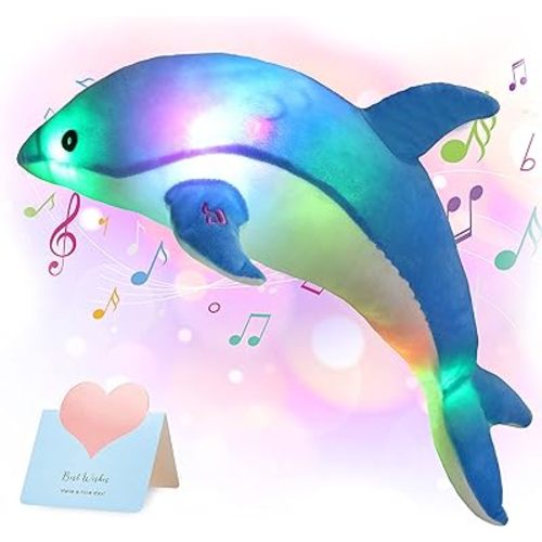 Glow Guards Light up Musical Stuffed Dolphin Ocean Life Soft Plush Toy with LED Night Lights Nursery Songs Glow Singing Sea Animals Birthday for Toddler Kids, 18''