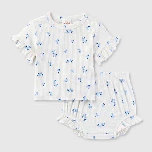 Baby Girls' Ribbed Top & Bottom Set - Cat & Jack™ Cream/blue 12m