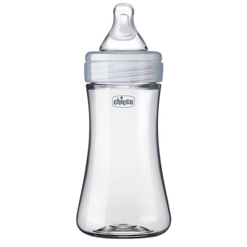 Chicco Duo Hybrid Baby Bottle With Invinci-glass Inside/plastic Outside With Slow Flow Anti-colic Nipple 0 Months+ - Clear/gray - 9oz