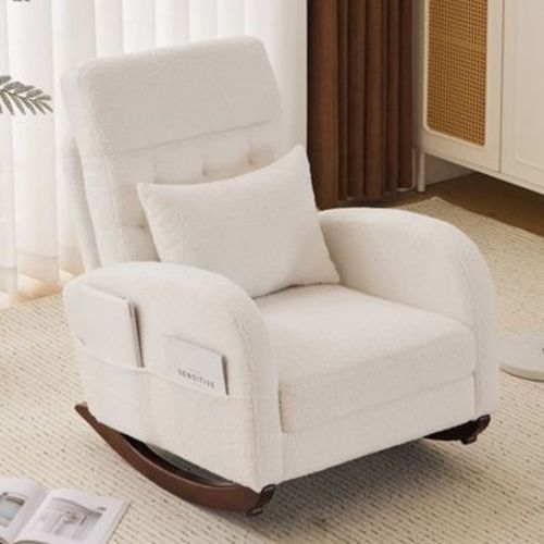 Karl Home Teddy Boucle Nursery Rocking Chair Modern Comfy Upholstered Rocker Armchair with Side Pocket for Living Room Bedroom Beige