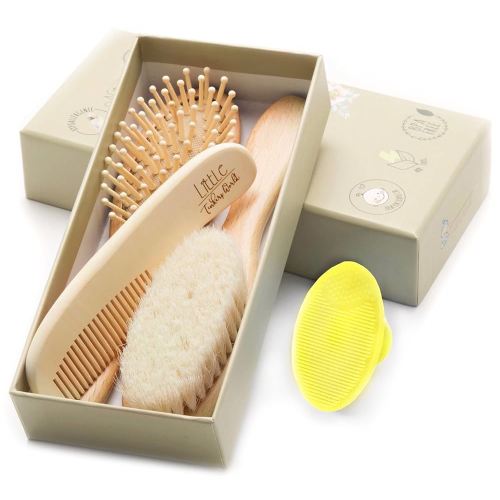 Baby Hair Brush and Comb Set for Newborn Wooden 4 Piece Soft Bristle Baby Brush and Comb Set for Newborn Girl Boy and Toddler Soft Cradle Cap New Born Infant Hair Brushes Perfect Baby Registry Gift