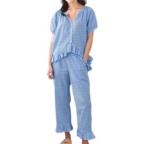Womens Gingham Pajama Set 2 Piece Short Sleeve Babydoll Shirt and Pants Lounge Set Cute Sleepwear