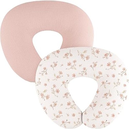 2-Pack Muslin Nursing Pillow Covers, Breathable 100% Cotton Breastfeeding Pillow Slipcovers for Standard Nursing Pillows, Soft Covers for Baby Girls and Boys with Zipper