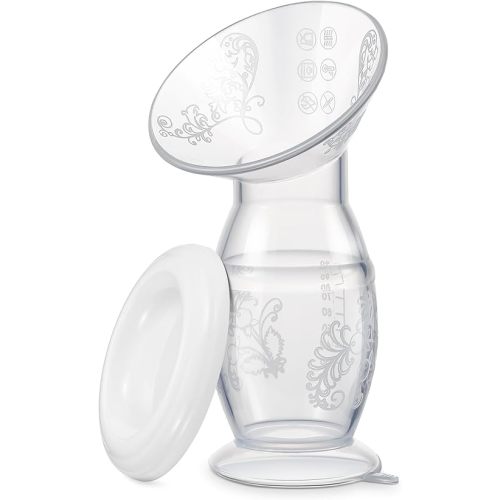Manual Breast Pump, 4oz Food-Grade & BPA Free Silicone Pump with Lid, Breast Milk Collection, One-Size-Fits-All, High-Temperature Resistant, No-Leak Design (White)
