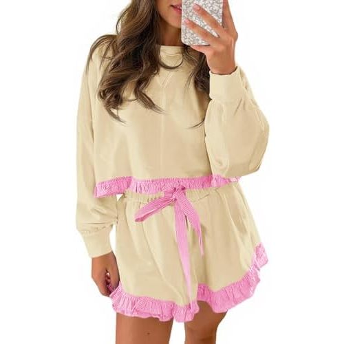 Fisoew Women's 2 Piece Lounge Sets Ruffle Color Block Cropped Sweatshirts Casual Drawstring Shorts Fall Loose Sweatsuits