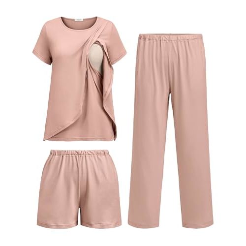 Ekouaer 3 PCS Maternity Nursing Pajamas Set Postpartum Breastfeeding Short Sleeve Shirts, Pregnancy Shorts & Pants Pjs S-XXL