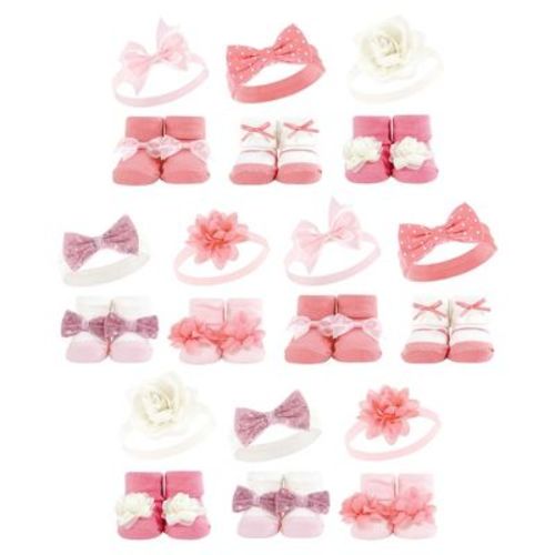 Hudson Baby Infant Girl 20Pc Headband and Socks Giftset, Pink Gray, One Size