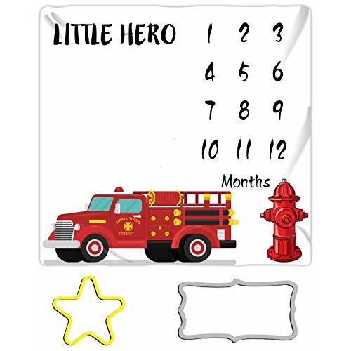 MTMETY Firemen Baby Monthly Milestone Blanket for Boys, Fire Truck Little Hero Photo Balnket, 48x48in, Baby Milestone Blanket for Newborn Baby Shower BTZDME8