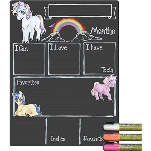 Cohas Monthly Milestone Board for Baby with Unicorn Theme and Reusable Chalkboard Style Surface, 12 by 16 Inches, 3 Bright Markers