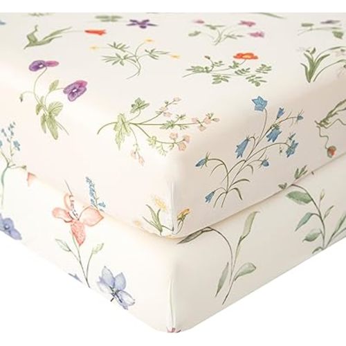 SDIII 2 Pack Colorful Floral Crib Sheets Neutral 52" x 28" x 8", 100% High Elastic Microfiber Jersey Knit, Soft and Breathable, Crib Sheets Floral