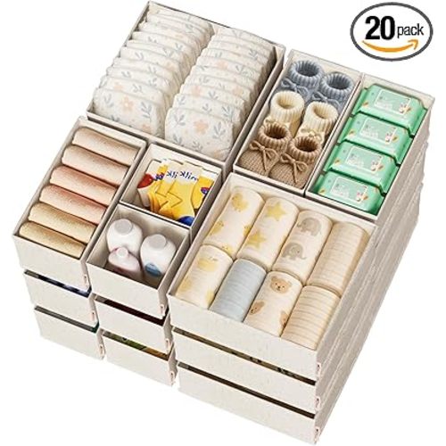Cotton Linen Drawer Organizers for Baby Clothes, 20Pack Multi-Size Nursery Dresser Dividers for Clothes, Premium Foldable Storage Bins for Bedroom, Closet and Diaper Table, Beige