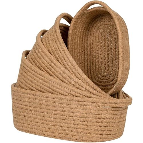 CubesLand Small Cotton Rope Storage Basket Set 5, Shelves Baskets for Organizing with Handle, Decorative Closet Storage Bins for Countertop Toilet Paper Basket for Toilet Tank Top,Brown Basket