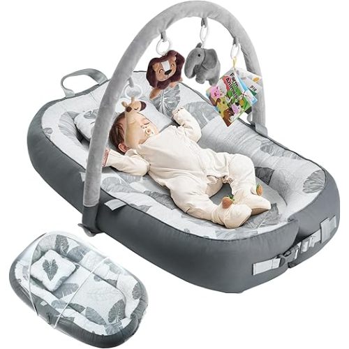 Portable Baby Lounger with 4 Toys,Infant Lounger with Fitness Rack 0-24 Months,Co Sleeping Breathable & Soft 100% Cotton Newborn Lounger Machine-Washable (Baby Lounger with Fitness Rack)