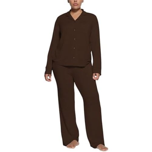 Women's Pajama Sets Long Sleeve Button Down Soft Knit Sleepwear 2 Piece Lounge Set