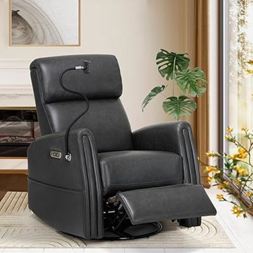 COLAMY Power Recliner Chair Swivel Glider Rocker for Nursery, Upholstered Faux Leather Living Room Rocking Reclining Single Sofa Chair with 2 Device Holders, Charcoal