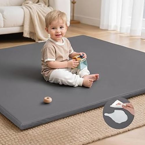 Baby Play Mat for Floor,50x50 Playpen Mat,Non-Slip Leather&Thick Foam Floor Cushion,Removable Waterproof Cover,Easy Care for Baby Crawling,Toddler,Kids,Tummy Time（Grey)