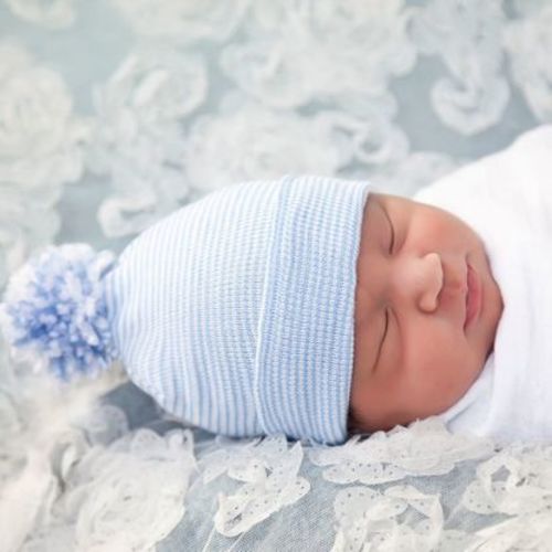 Newborn Pom Pom Hat, Blue Stripe