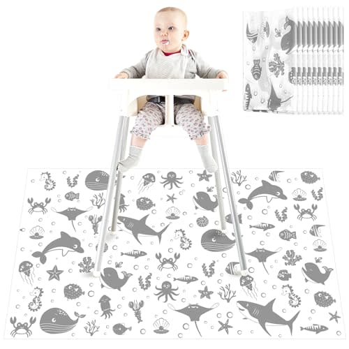 Drydiet 100 Pack 28"x47" Disposable Floor Splat Mats for Under High Chair with Animals Print, Waterproof Plastic Floor Mat Multipurpose Baby Led Weaning Supplies(Sea Animal)