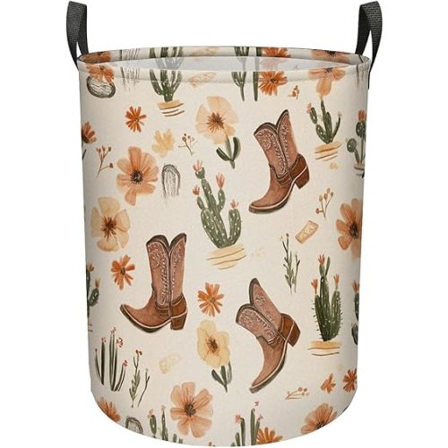Cowboy Boots Cacti And Flowers Large Laundry Basket With Handles Foldable Clothes Bag,Stuff Bin Storage Organizer For Bathroom Bathroom Closet Clothing Toy Organization,60L