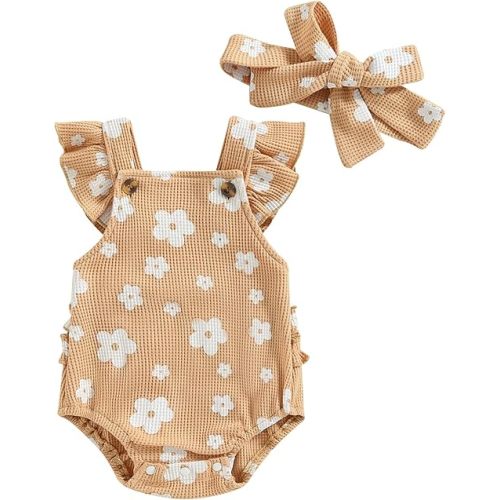 Baby Girls Daisy Playsuits Bodysuit+Headband Print Halter Romper Floral Jumpsuit Infant Onesie Summer Clothes