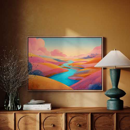 Colorful River Landscape Canvas Wall Art | Vibrant Sunset Hills with Flowing Water | Modern Abstract Nature Artwork for Home Decor