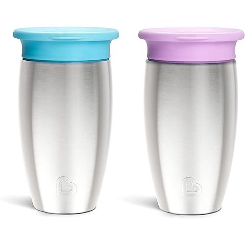 Munchkin Stainless Steel Sippy Cups for Toddlers 1-3, Spill Proof Miracle 360 Cup, Insulated, 10 Ounce, 2 Pack, Blue/Purple