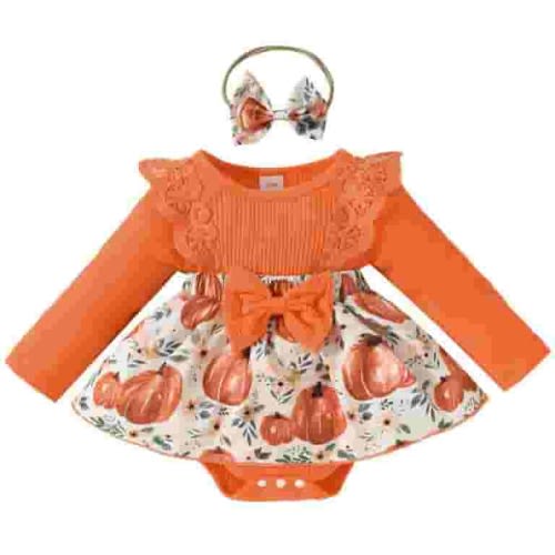GYRATEDREAM Baby Girl Halloween Outfit Newborn Long Sleeve Romper Skirt Set Toddler Bodysuit Overall Dress Jumpsuits Headband Fall Winter Cute Clothes 3 Pcs Set for 3-6M Orange