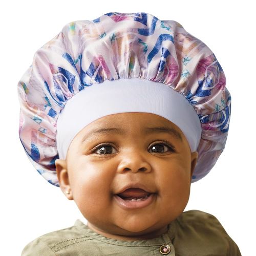 Red by Kiss Baby Satin Bonnet Sleep Cap for Infants, Soft, Stretchy, and Safe, Protects Baby Hair from Frizz & Breakage, Friction Bald Spots (Purple Ikat, 6-18M)