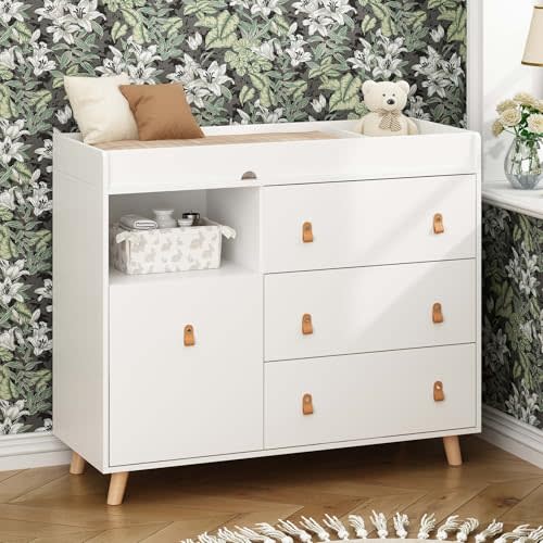 Timechee Baby Dresser Changing Table with Drawers,Shelf,Hidden Laundry Basket Storage,2 in 1 Nursery Dresser Chest for Infants, Baby Diaper Changing Station for Daycare,Bedroom,White